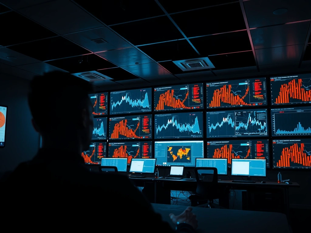 Pantallas de visualización de datos en entorno corporativo futurista